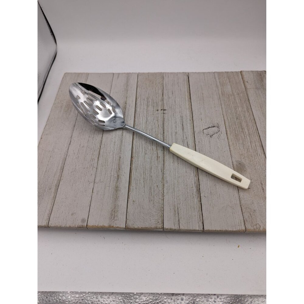 Vintage Ekco White Handle Chromium Plate Serving Slotted Spoon  12 1/4"